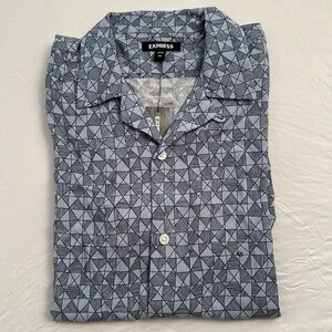 Express navy blue and blue gray pattern short sleeve button down shirt